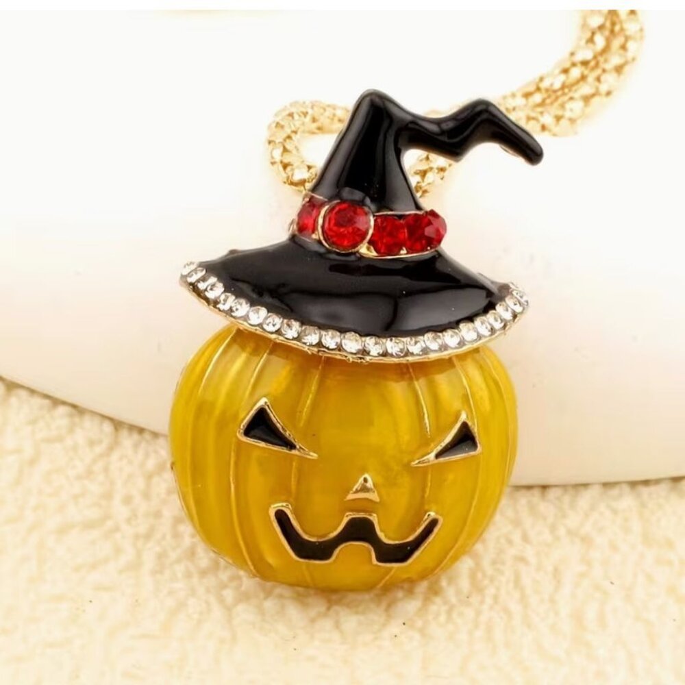 Betsey Johnson Halloween Jack O' Lantern Pendant Necklace Gold Tone